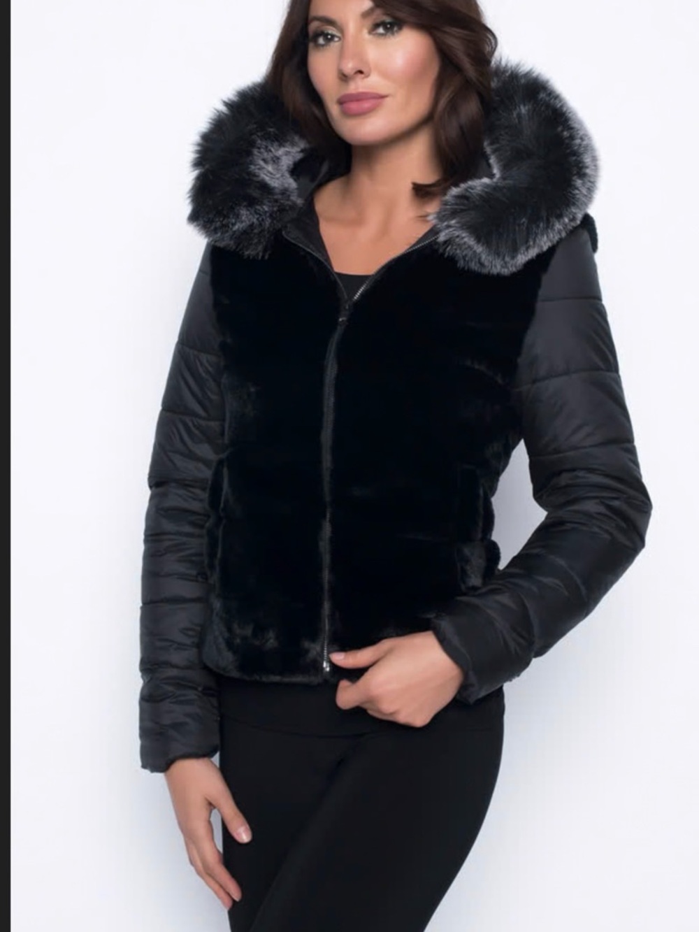 Frank Lyman Faux Fur Mixed Media Jacket Size L Black Puffer Sleeve Hooded Coat